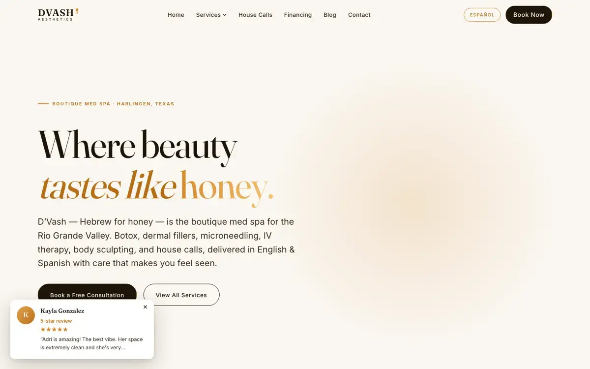 D'Vash Aesthetics website, designed by RGV Performance Marketing