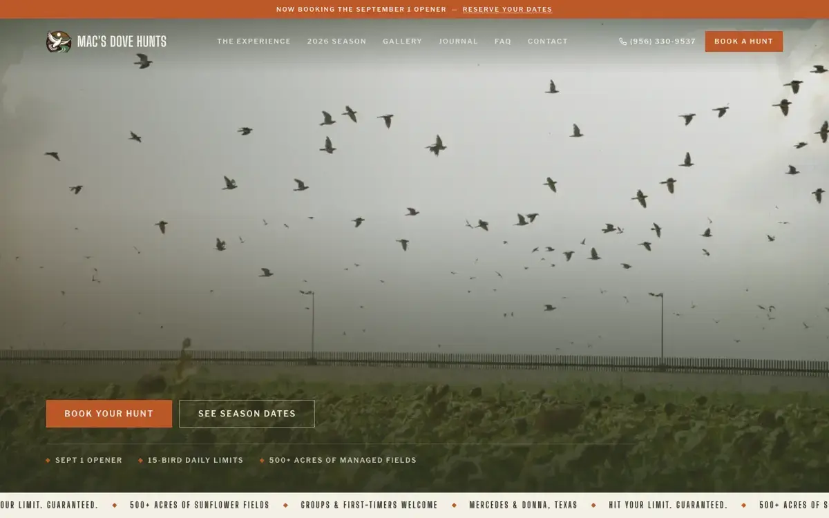 Mac's Dove Hunts website, designed by RGV Performance Marketing